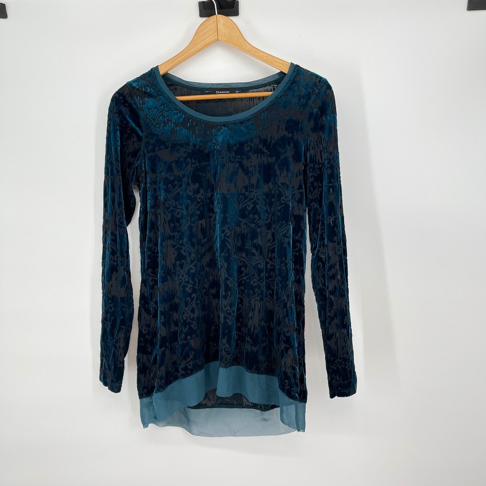Shamaim‎ Teal Velvet Burnout Long Sleeve Damask Pattern Tunic Top Size S Fairy